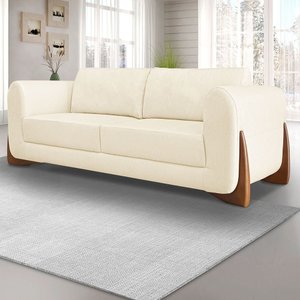Kit 2 Poltronas e Sofá Living 2 Lugares 1,80m Lottus Linho Bege Pés Castanho - Pallazio