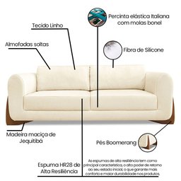 Kit 2 Poltronas e Sofá Living 2 Lugares 1,80m Lottus Linho Bege Pés Castanho - Pallazio - 5