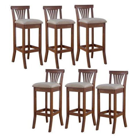 Kit 6 Banquetas Alta Estofada Valentina 36 x 100 Cm Madeira Maciça Verniz Linho Bege M58 - RMI