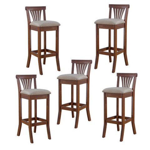 Kit 5 Banquetas Alta Estofada Valentina 36 x 100 Cm Madeira Maciça Verniz Linho Bege M58 - RMI