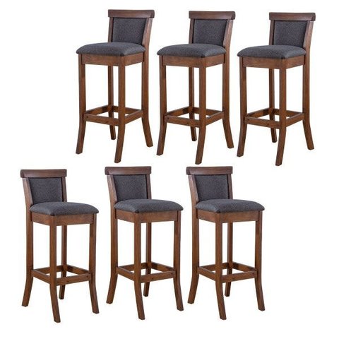 Kit 6 Banquetas Alta Estofada Encosto Mônaco 36x100Cm Madeira Maciça Imbuia Linho Cinza L67 - RMI