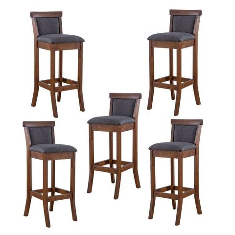 Kit 5 Banquetas Alta Estofada Encosto Mônaco 36x100Cm Madeira Maciça Imbuia Linho Cinza L67 - RMI