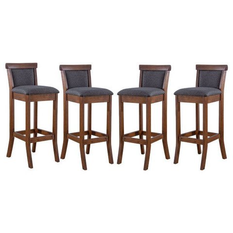 Kit 4 Banquetas Alta Estofada Encosto Mônaco 36x100Cm Madeira Maciça Imbuia Linho Cinza L67 - RMI