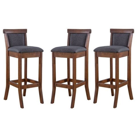 Kit 3 Banquetas Alta Estofada Encosto Mônaco 36x100Cm Madeira Maciça Imbuia Linho Cinza L67 - RMI