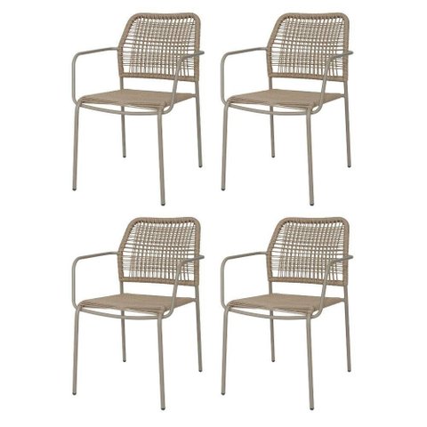 Kit 4 Cadeiras com Braços Empilhável Copacabana Fratini Aço Carbono Fendi Trama Corda Náutica