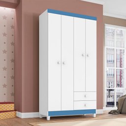 Guarda-Roupa Infantil 4 Portas 2 Gavetas Aquarela Baby Branco Azul Flex - 3