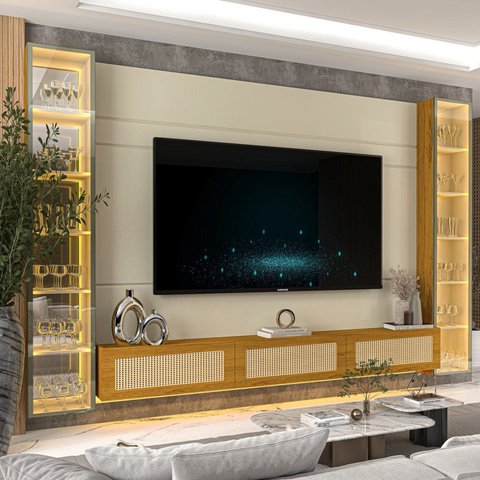 Estante Home para TV até 85 Polegadas com LED e Vidro Reflecta 100% MDF 217,6CMX293,4cm Luminare Native Off White