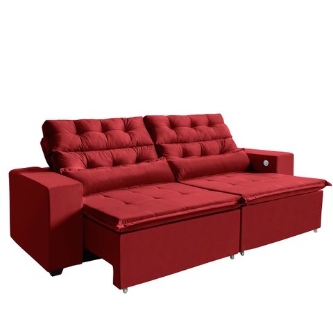 Sofá Usb, 4 Lugares América Retrátil, Reclinável 252cms, Tecnologia Carregamento 3 Portas Vermelho