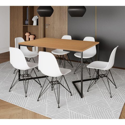 Mesa Industrial Jantar Retangular 137X90Cm Canela Base V Com 6 Cadeiras Brancas Ferro P Canela