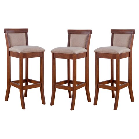 Kit 3 Banquetas Estofadas Alta Com Encosto 36 x 100 Cm Mônaco Madeira Imbuia Linho Bege M58 - RMI