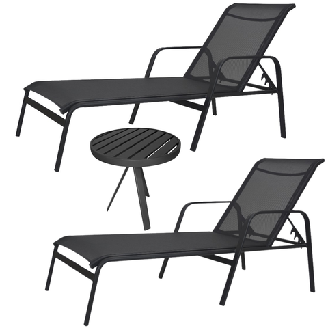 Kit 2 Espreguiçadeira em Alumínio e Tela Sling Modelo Reto + Mesa Lateral 3 Pés - Preto