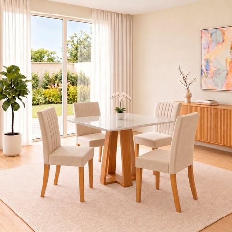 Conjunto Sala de Jantar Mesa Lisa 90cm com Tampo MDF e Vidro Canto Reto 4 Cadeiras Lily