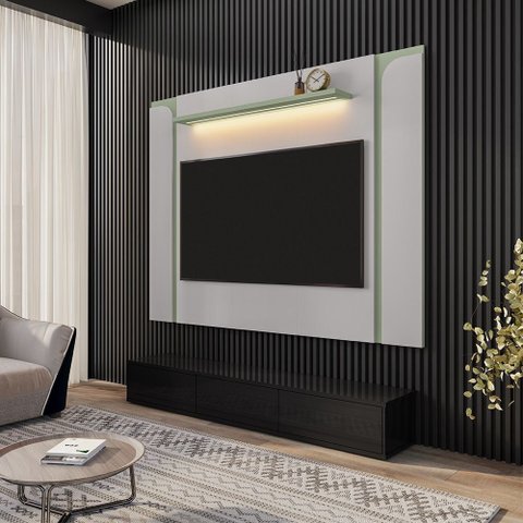 Painel Sala Maresias para TV até 75 Polegadas com LED e Prateleira Off-White/Pistache