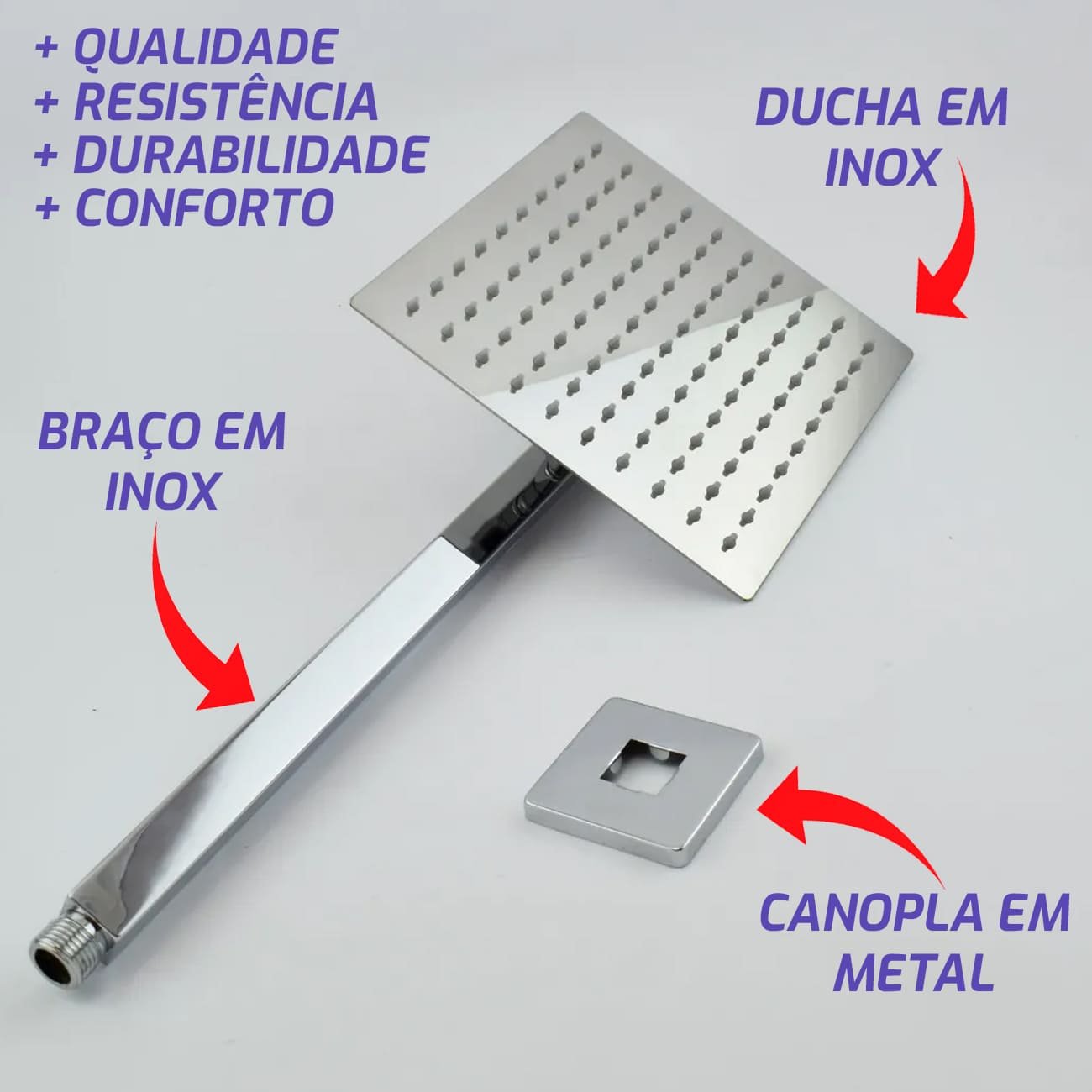 Ducha Chuveiro Quadrado 20x20 Inox Com Braço 40 Cm Solar Gás - 2