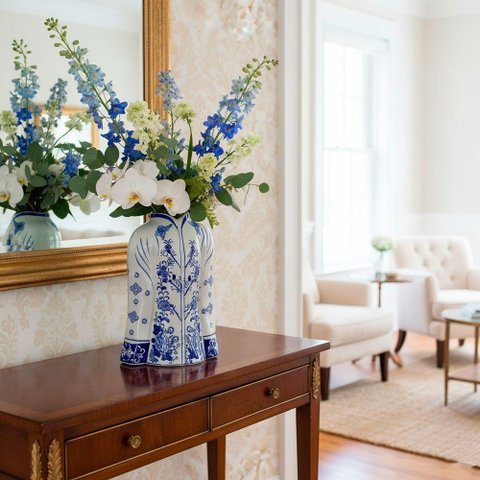 Vaso Decorativo em Porcelana Azul com Branco Floral 26x21x12cm