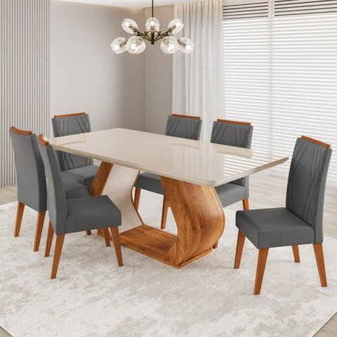 Conjunto Sala de Jantar 6 Lugares Retangular Tampo em Vidro e MDF Saron Yescasa Cinza/Mel/Off White