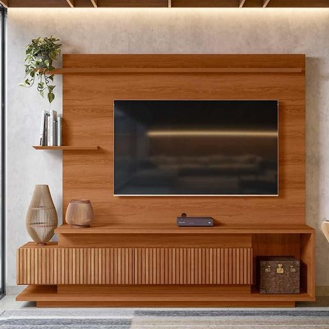 Estante Home Sala 210cm para Tv 65 Istambul Lukaliam Jequitiba Ripado 3d