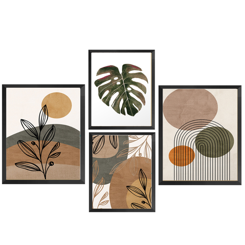 Kit 4 Quadros Decorativos Plantas Formas e Linhas Moldura Preta