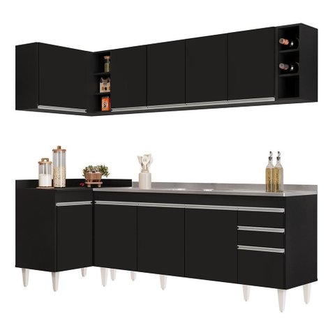 Armário de Cozinha Modulado de Canto Direito 5 Peças Cp45 com Pia Inox Preto - Lumil