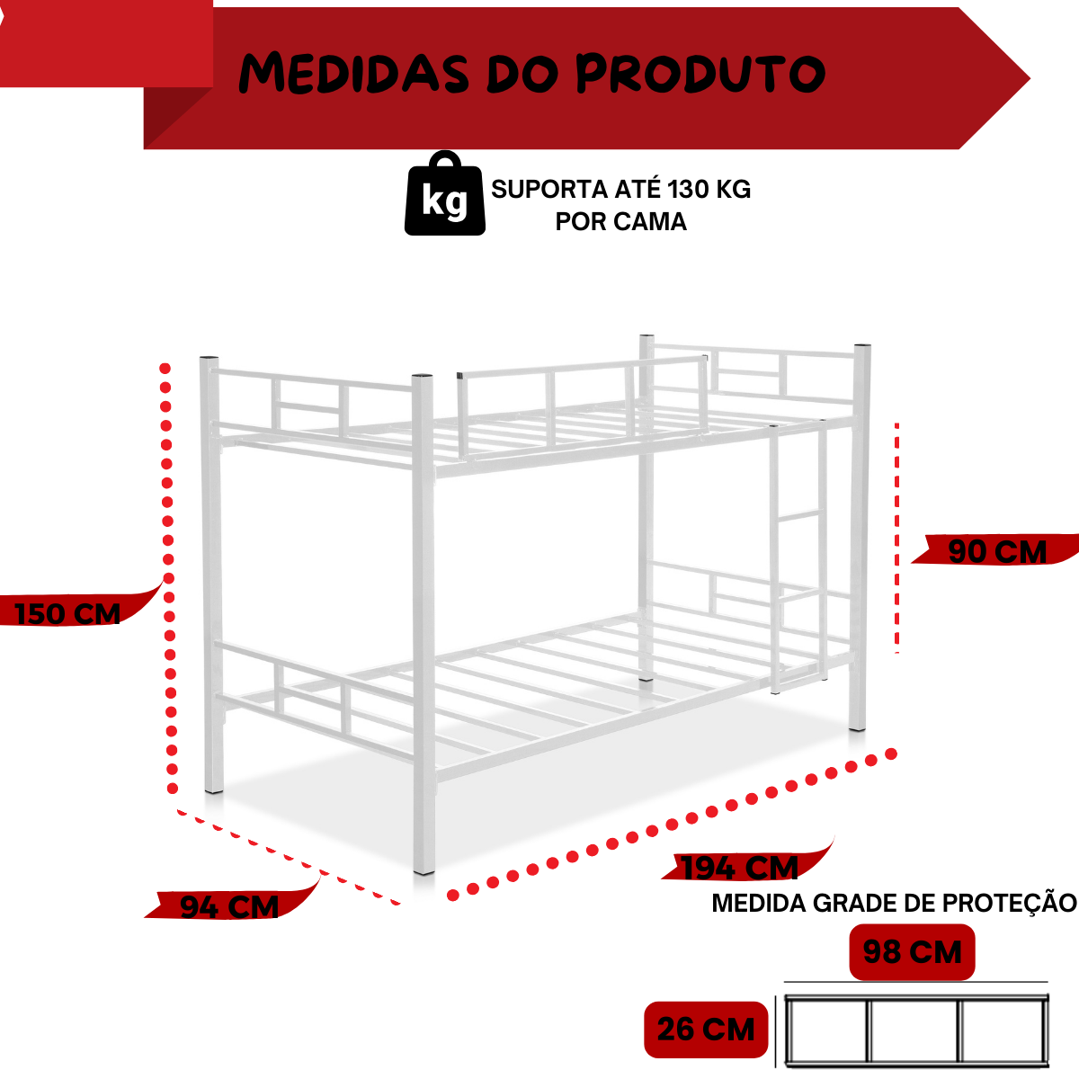 Beliche Solteiro Aço Reforçado Escada e Grade de Proteção:branco - 4