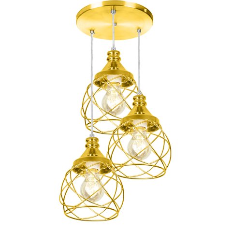 Lustre Pendente Triplo Esfera Aramado Dourado 15cm