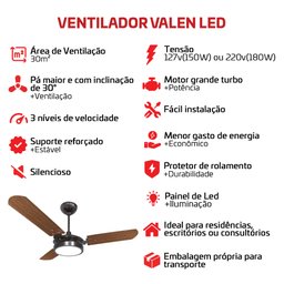 Ventilador de Teto Valen Led Preto 3 Pás Mogno Ventex 127v - 2