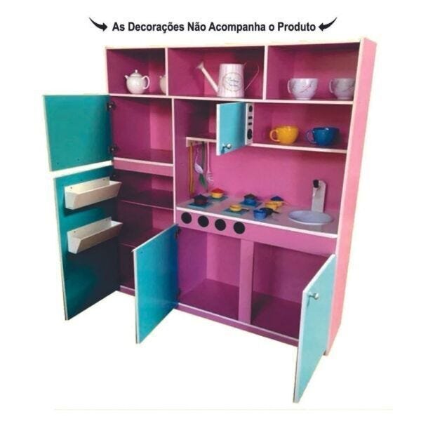 Cozinha Infantil 130cm Completa com Geladeira em Mdf Rosa/Azul Tiffany Brinquedo Criança Feliz - 3