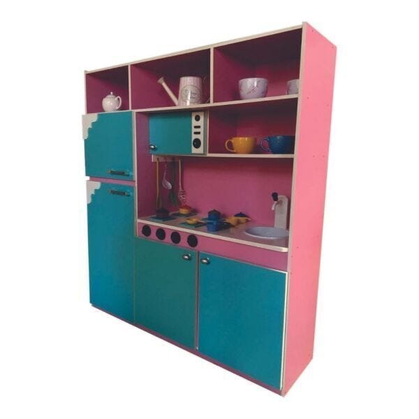 Cozinha Infantil 130cm Completa com Geladeira em Mdf Rosa/Azul Tiffany Brinquedo Criança Feliz - 2
