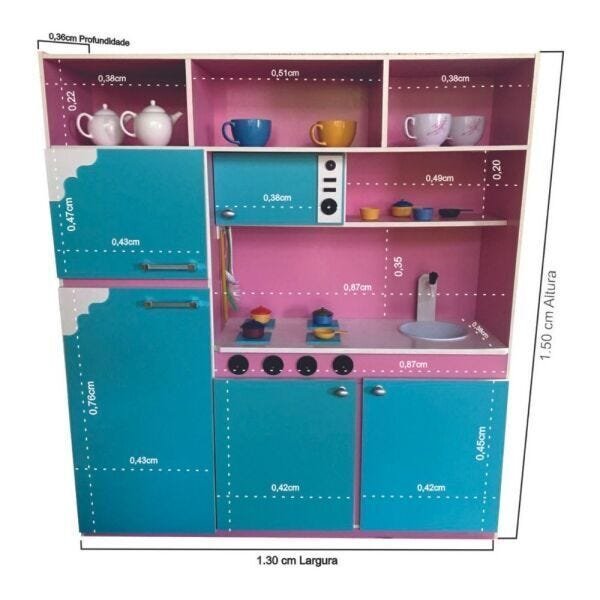 Cozinha Infantil 130cm Completa com Geladeira em Mdf Rosa/Azul Tiffany Brinquedo Criança Feliz - 6