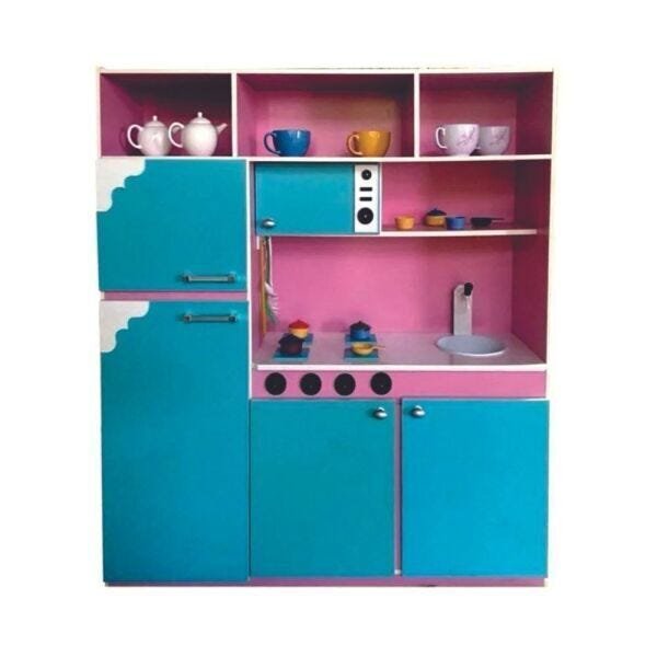 Cozinha Infantil 130cm Completa com Geladeira em Mdf Rosa/Azul Tiffany Brinquedo Criança Feliz