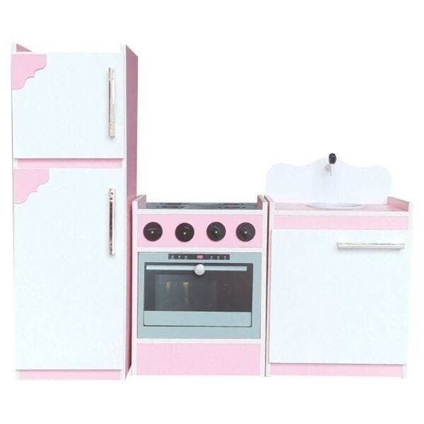 Cozinha Infantil Modulada 1,17cm de Madeira 3 Peças Rosa/Branca Brinquedo Criança Feliz