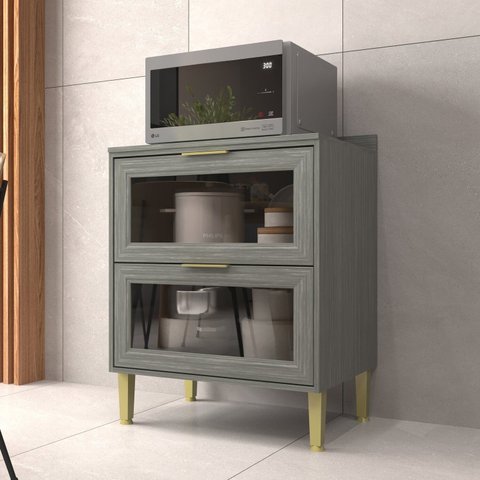 Balcão de Cozinha 70cm 2 Gavetas com Vidro Domus Espresso Móveis Cinza/Silver
