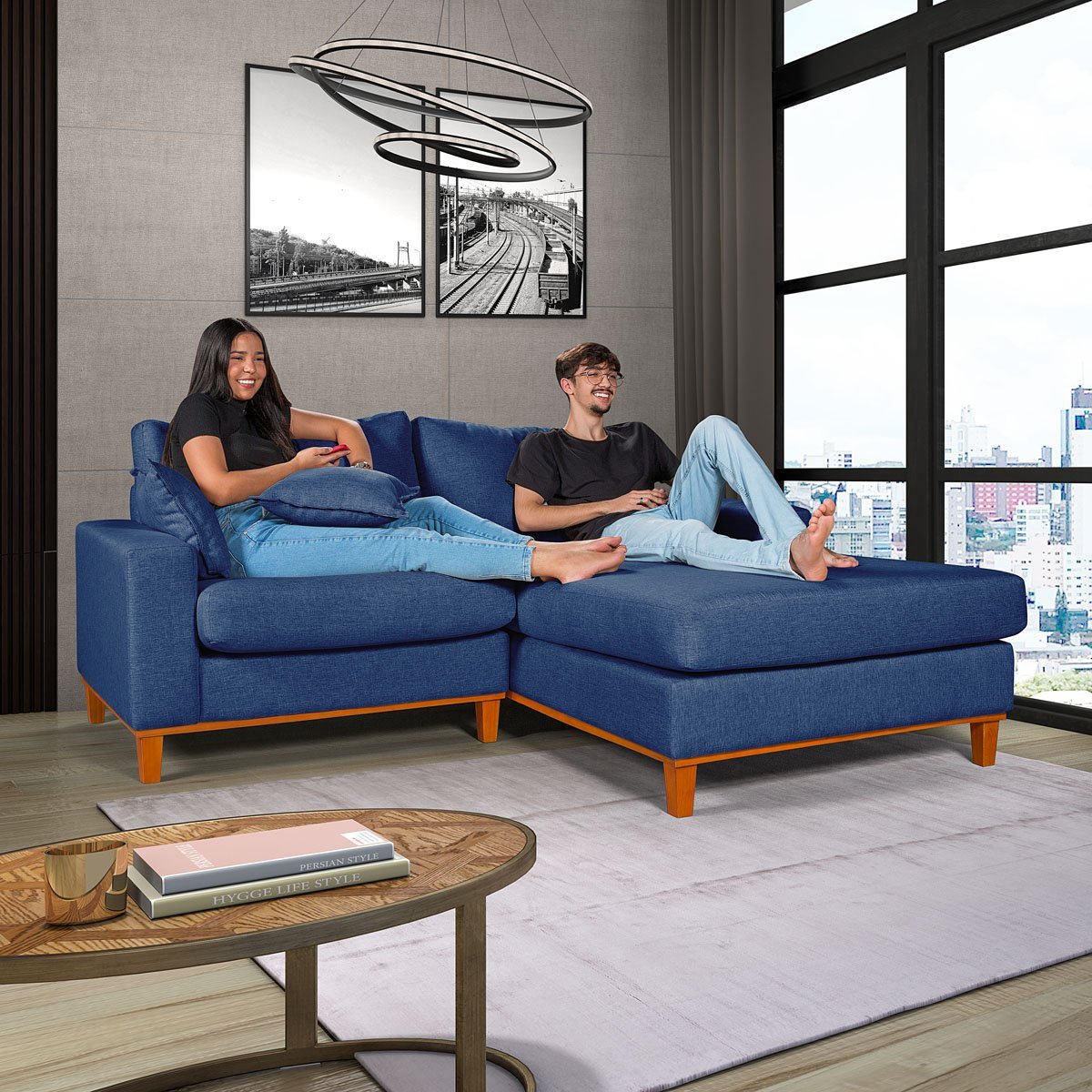 Sofa Living 2 Lugares Chaise Revestido Linho Base em Madeira:azul/esquerdo - 2