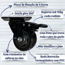 Ver imagem 2 de Kit com 4 Rodinha Giratório 3" Black Pvc Preto com Rolamento 75mm com Trava 10,6cm Carga 400kg Placa