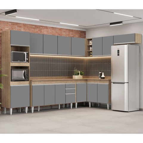 Armário de Cozinha Modulada de Canto 8 Peças CP08 Balcão com Tampo Castanho/Cinza - Lumil Lumil Móve