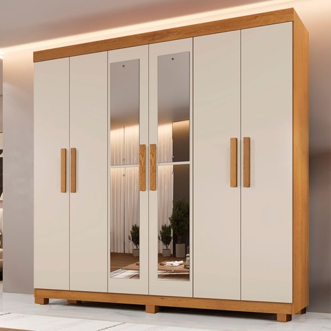 Guarda-Roupa Casal 6 Portas 3 Gavetas com Espelho MDF Parma Yescasa Off White/Cinamomo