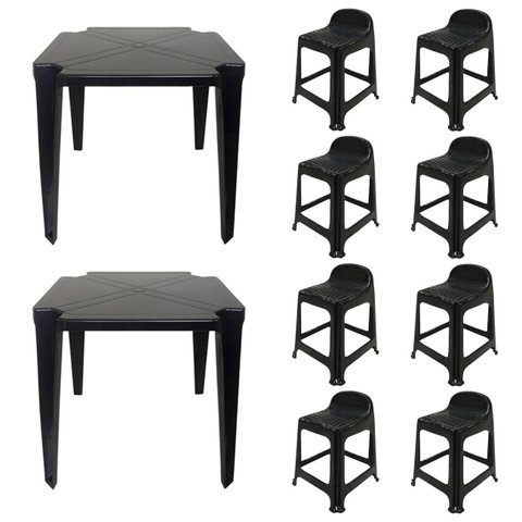 2 Mesas Quadradas Plástico Monobloco 70cm Preta + 8 Banquetas com Encosto