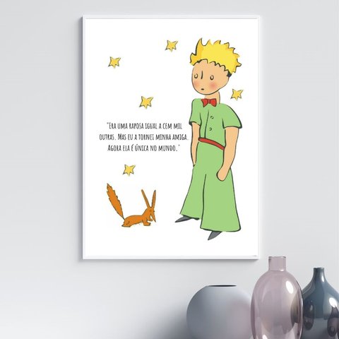 Quadro Pequeno Príncipe e Raposa - Frase 24x18cm - com Vidro:moldura Branca
