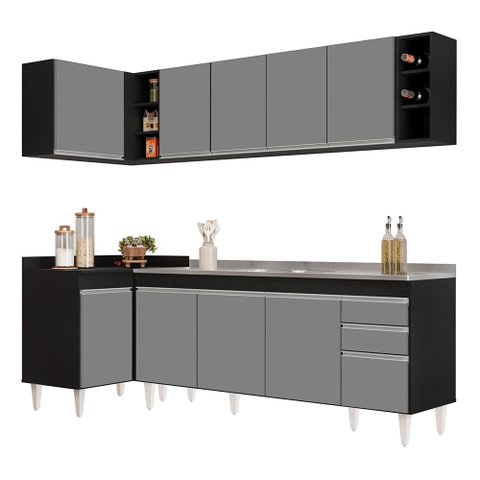 Armário de Cozinha Modulado de Canto Direito 5 Peças Cp45 com Pia Inox Preto/cinza - Lumil Lumil Móv