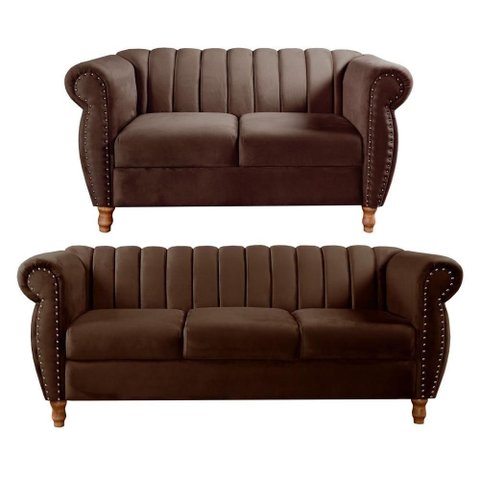 Conjunto de Sofás Realeza 2 e 3 Lugares Veludo Marrom Bella Decor