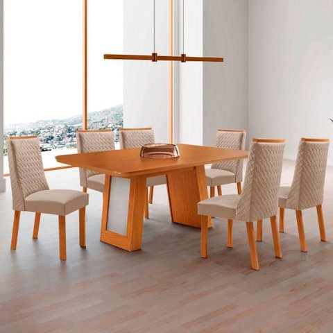 Mesa de Jantar Carolina 6 Lugares Tampo MDF Canto Copo sem Vidro Amadeirado Moderna