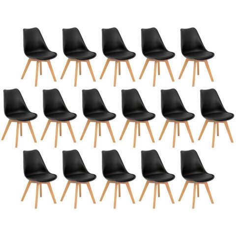 Conjunto 16 Cadeiras de Jantar Eames Wood Leda Design Estofada - Preto
