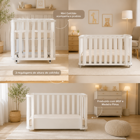 Berço 3 em 1 Evolutivo MDF | Branco Fosco Linha Loop Quater Móveis