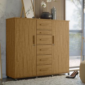 Cômoda Sapateira Roma Amêndoa 2 Portas com chave 6 Gavetas Cabideiro e Rodízios - Lukaliam 903811