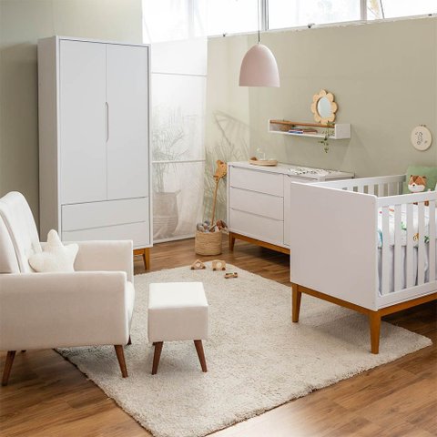 Kit Quarto Theo com Pés Square Mel - Berço + Cômoda 3 Gavetas e 1 Porta + Guarda-roupa 2 Portas + Po