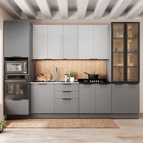 Cozinha Telasul Lumina 3,30m x 2,40m Balcão sem Tampo 14 Portas 4 Gavetas Paneleiro com Portas