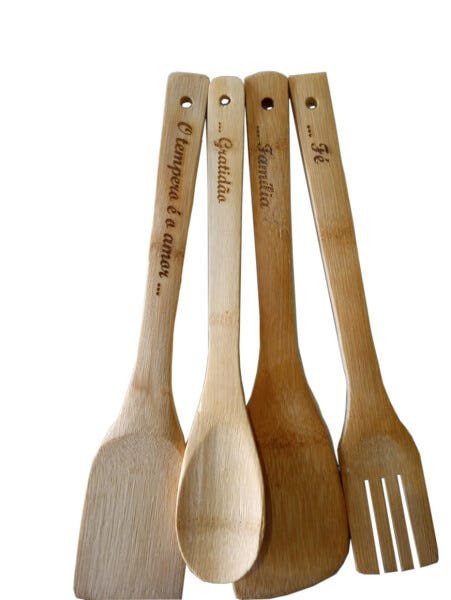 Conjunto de utensílios de cozinha de bambu 4 peças gravado - 2
