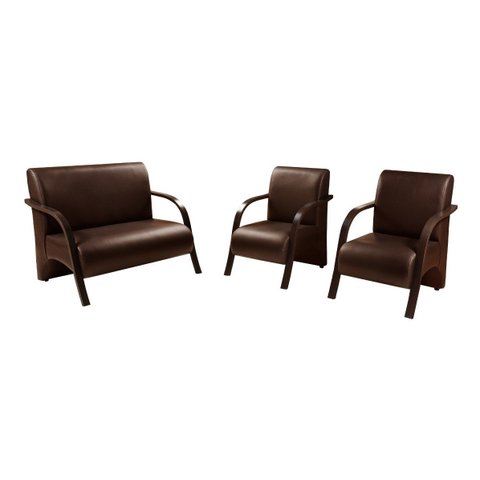 Conjunto Sevilha Namoradeira + 2 Poltronas Decorativa Braço De Madeira Recepção Sala - Corino Marrom
