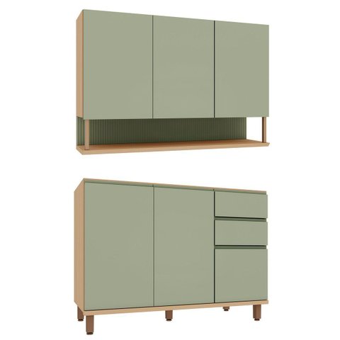 Kit Armário Aéreo e Balcão de Pia 100% MDF 120 cm Lótus Carvalho/Verde