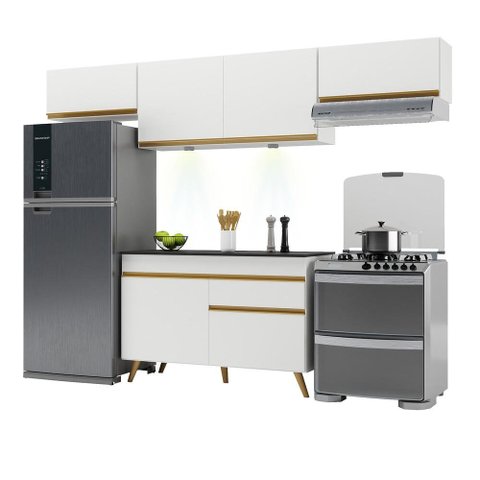 Armário de Cozinha Compacta 260cm com Leds Veneza Up Multimóveis V2022 Branco/Dourado